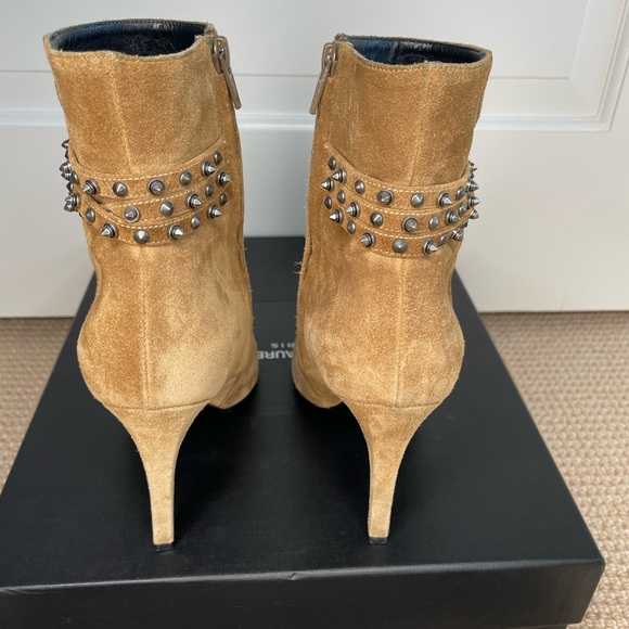 Authentic Saint Laurent Women Tan Suede Ankle Boot with silver spikes size:37.5 - Picture 9 of 12